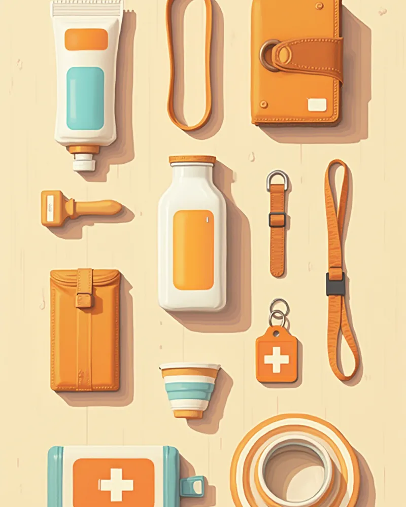 나무 바닥 위에 정리된 반려동물 재해대비 키트 구성품들의 플랫 레이 사진