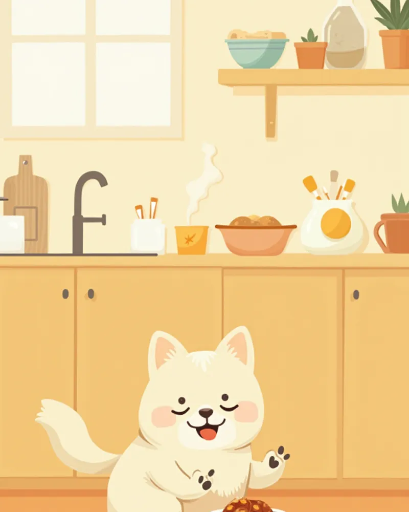 바닥에 놓인 소량의 사료를 천천히 먹는 건강한 강아지