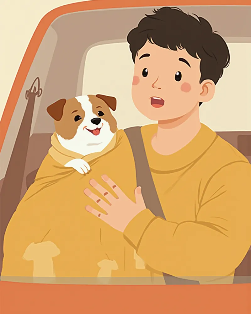 야간 응급실로 이동 중 담요에 싸인 강아지를 안고 있는 보호자