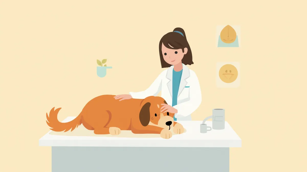 수의사가 무기력한 강아지를 진찰하는 모습