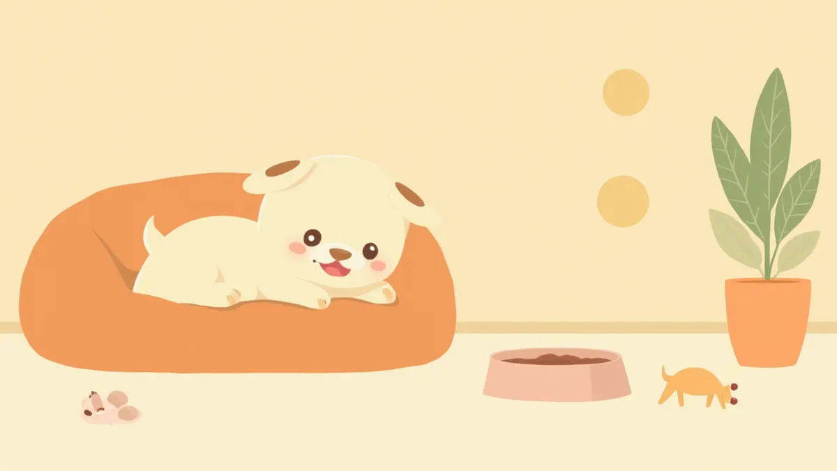 입양 준비가 완료된 따뜻한 거실에 앉아 있는 강아지