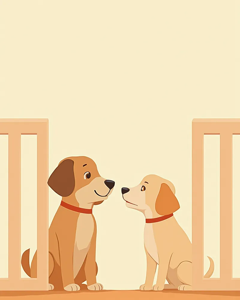 안전문 너머로 서로 인사하고 있는 강아지와 성견