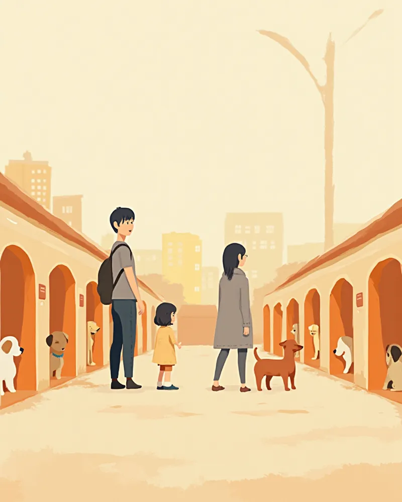 보호소에서 입양할 강아지를 만나고 있는 가족