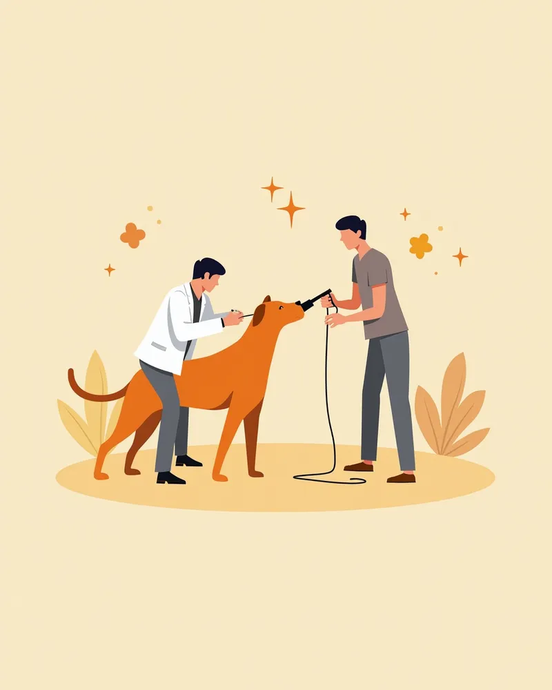 수의사가 성견의 입과 귀를 검사하는 모습