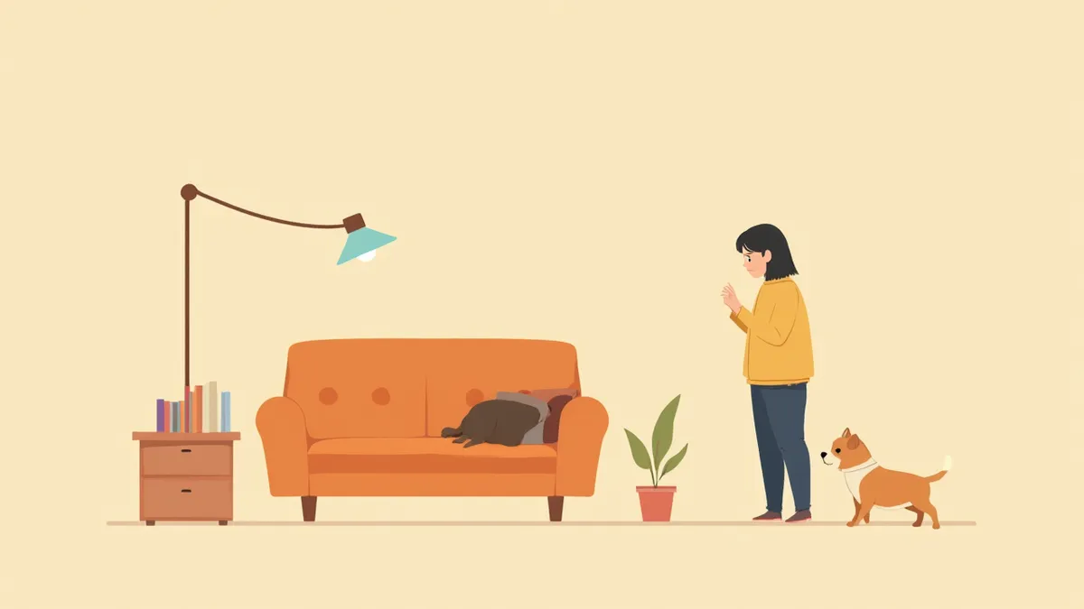 거실에서 으르렁거리는 강아지를 걱정스럽게 바라보는 보호자