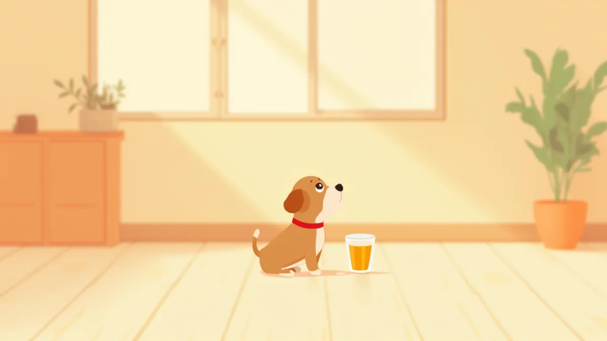 쏟아진 맥주잔을 올려다보는 걱정스러운 표정의 작은 강아지