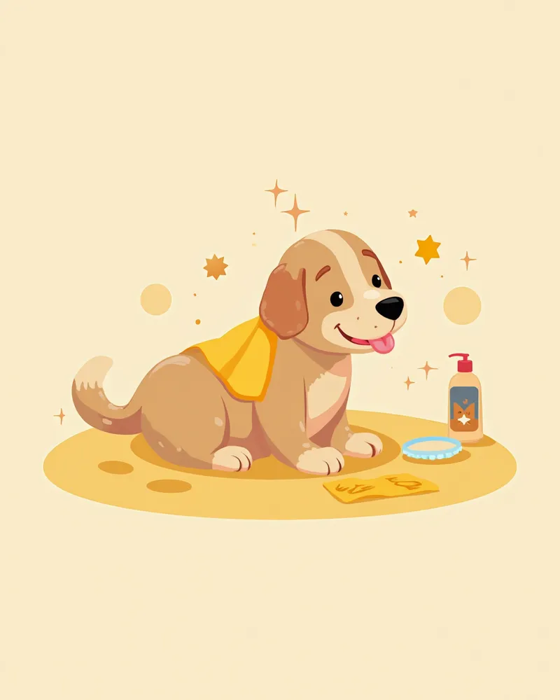 산책 후 몸을 닦아주는 강아지 관리 일러스트