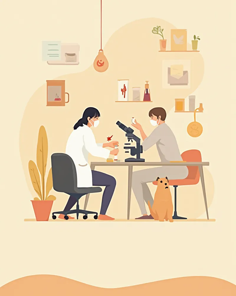 수의사가 현미경으로 강아지 혈액 샘플을 분석하는 모습