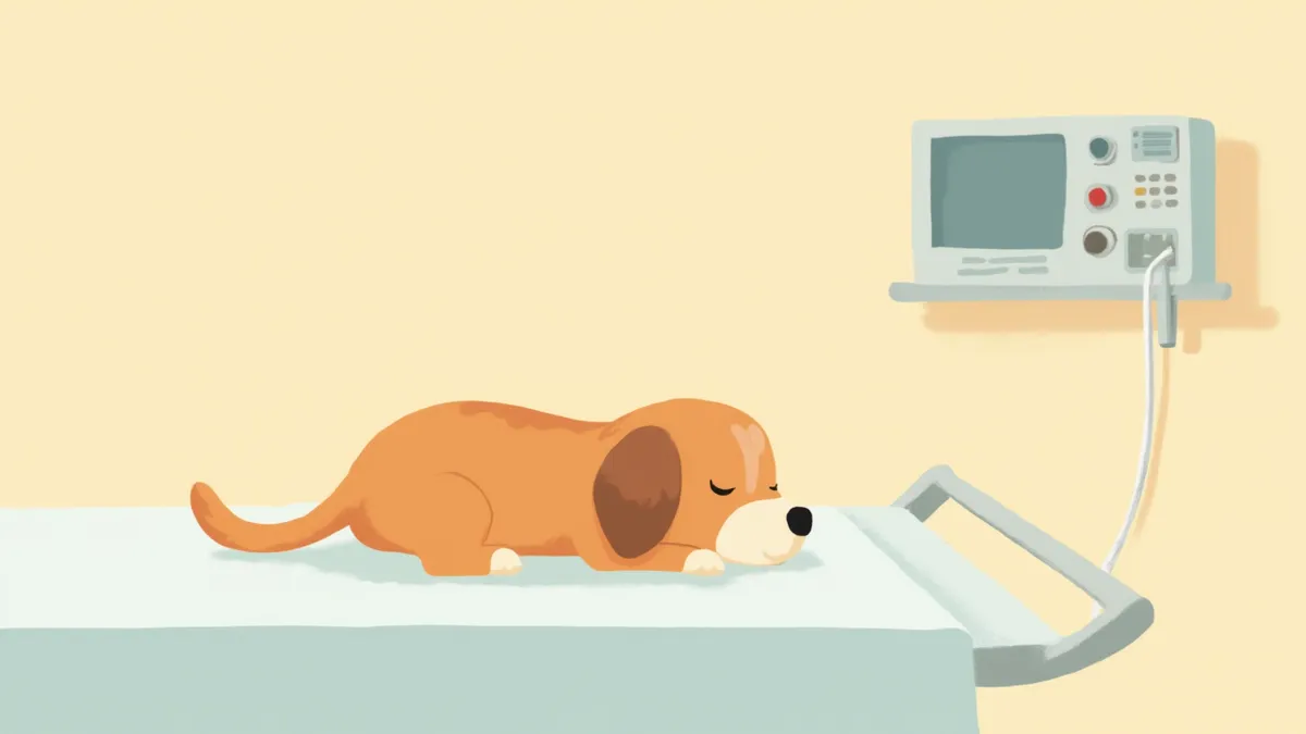 마취 상태에서 편안하게 잠든 강아지와 모니터링 장비