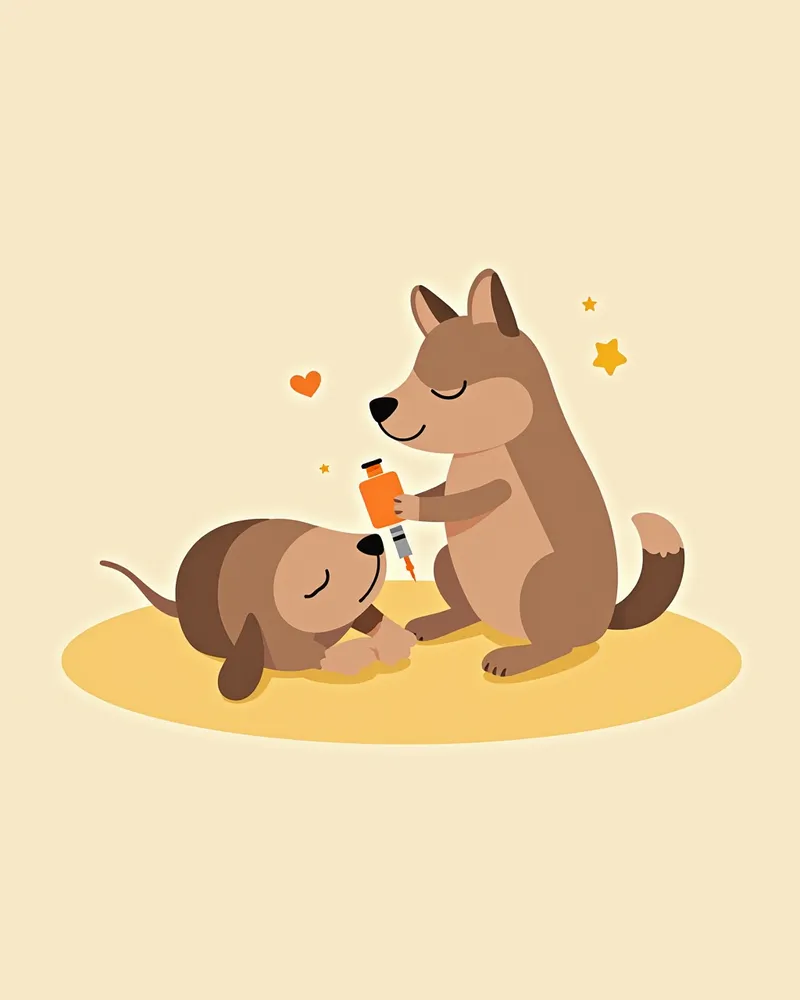 강아지 복수 치료를 위한 약물 투여 장면