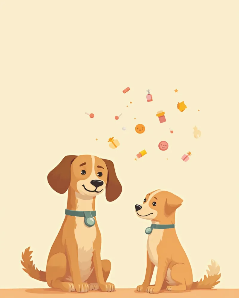 수의사와 함께 있는 강아지와 치료 옵션 아이콘 일러스트