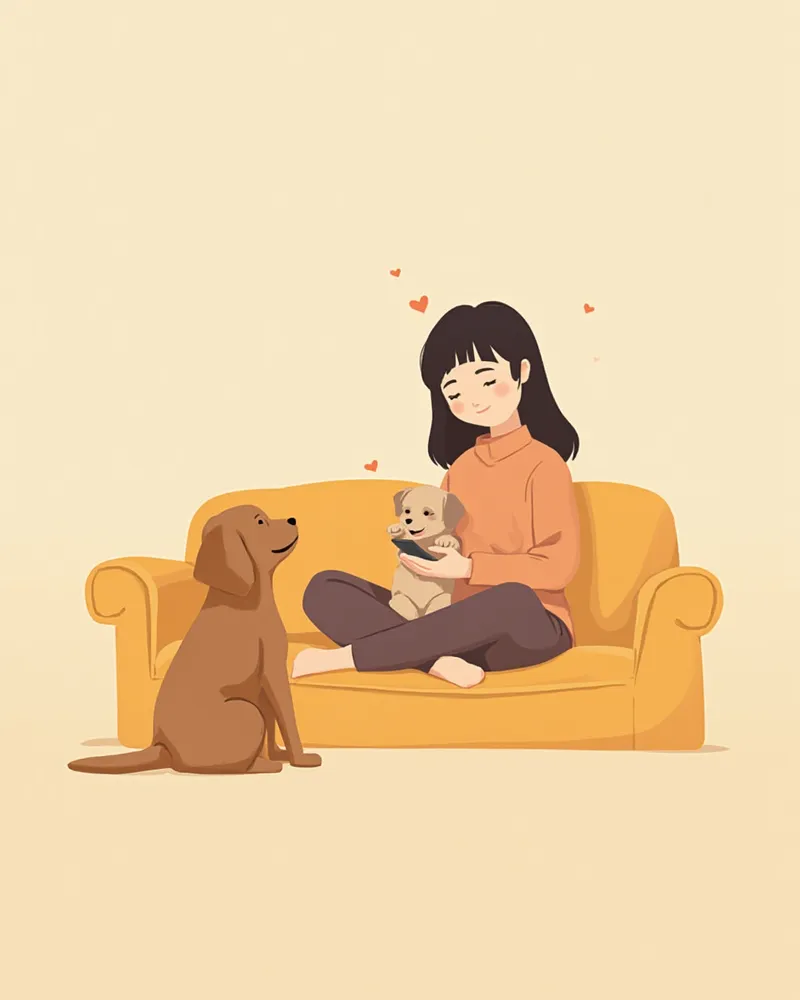 강아지를 다독이며 동물병원에 연락하는 보호자