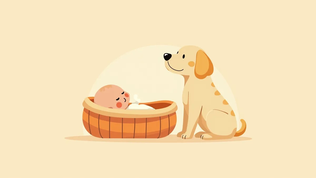 아기 침대 옆에서 신생아를 바라보는 강아지