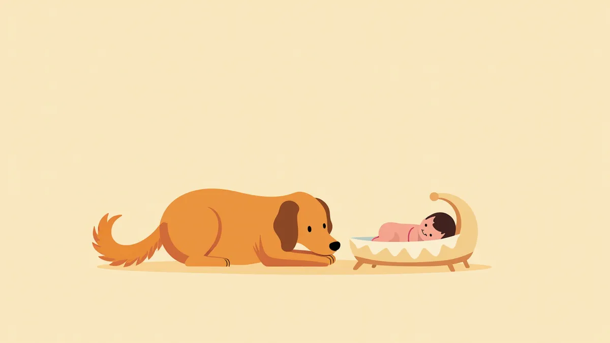 신생아 침대 옆에 조용히 앉아 있는 골든리트리버