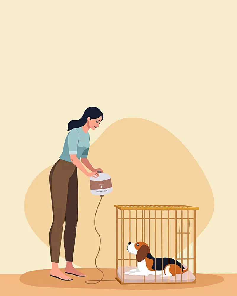 강아지 케이지 근처에 페로몬 디퓨저를 올바르게 설치하는 모습