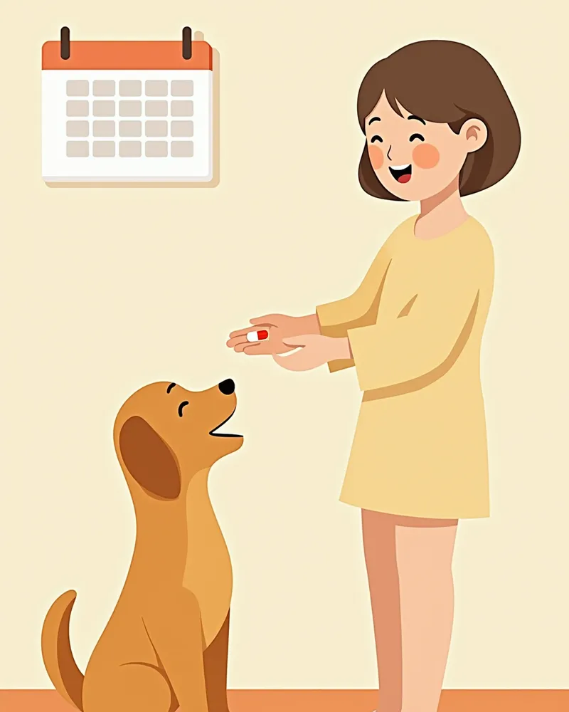 강아지가 보호자에게 약을 먹는 모습, 벽에 치료 일정표가 붙어 있음
