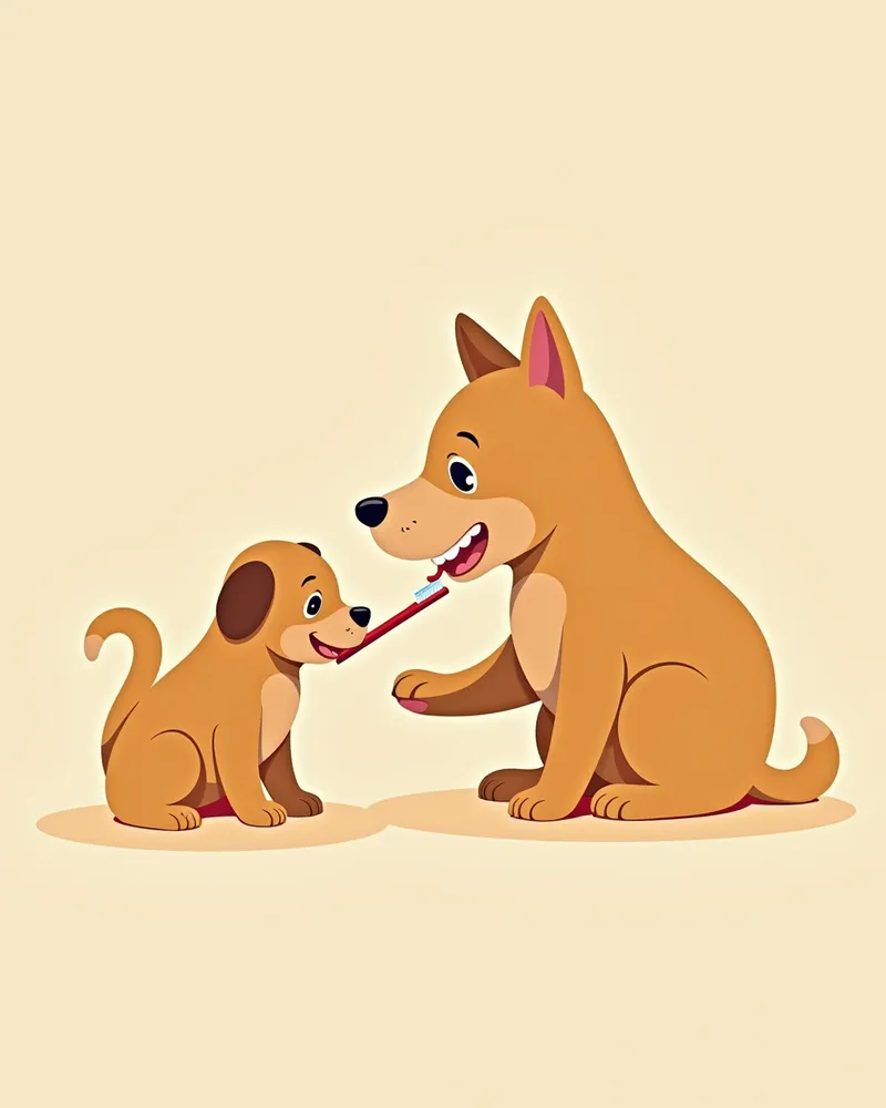 강아지의 치아를 닦는 주인의 사진
