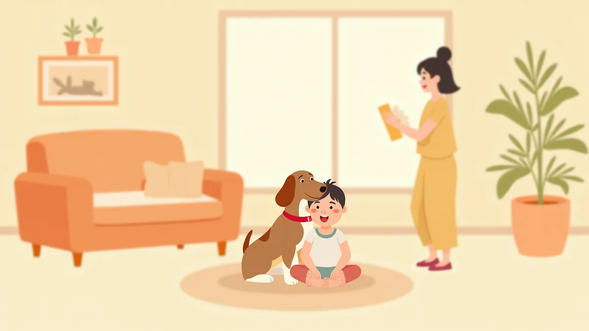 아이와 강아지가 밝은 거실에서 보호자 감독 아래 함께 앉아있는 모습