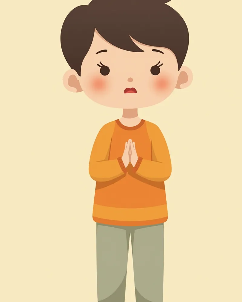 아이가 팔짱을 끼고 눈을 내려 조용히 서있는 '나무 되기' 자세 시연 모습