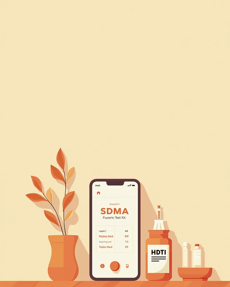 가정용 SDMA 검사 키트와 스마트폰 앱 결과 화면