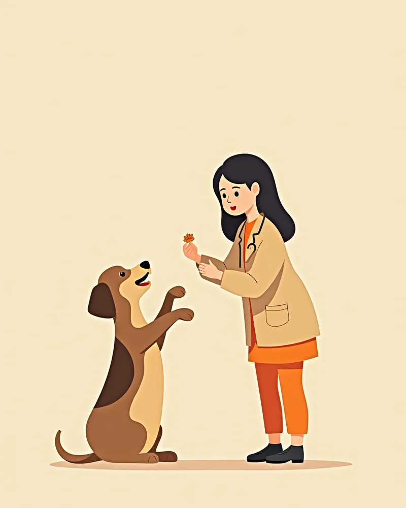보호자가 수의사 진료 중 강아지에게 간식을 주는 모습