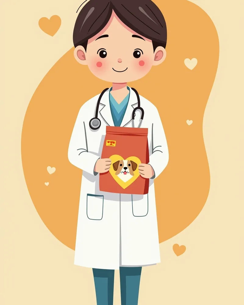 수의사가 심장 전용 곡물 프리 사료를 들고 있는 모습
