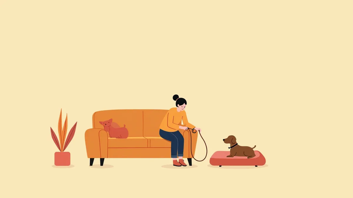 강아지를 잃은 후 빈 침대를 바라보는 보호자
