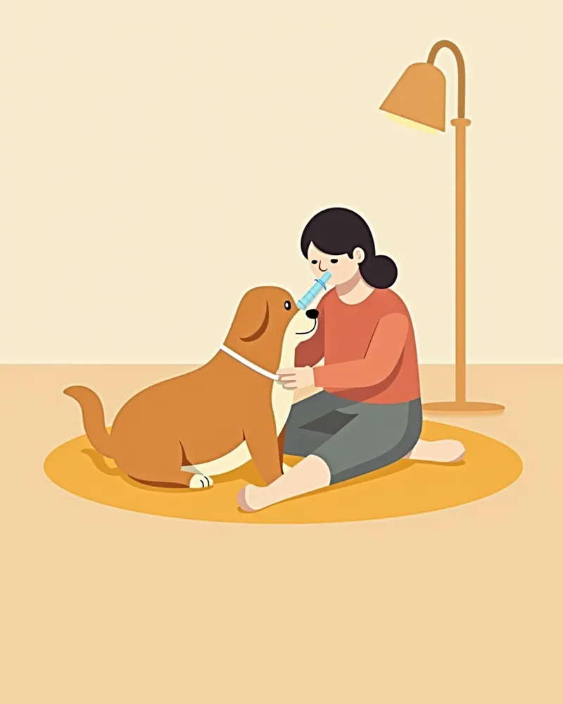 강아지가 네뷸라이저 마스크를 착용하고 평온한 상태
