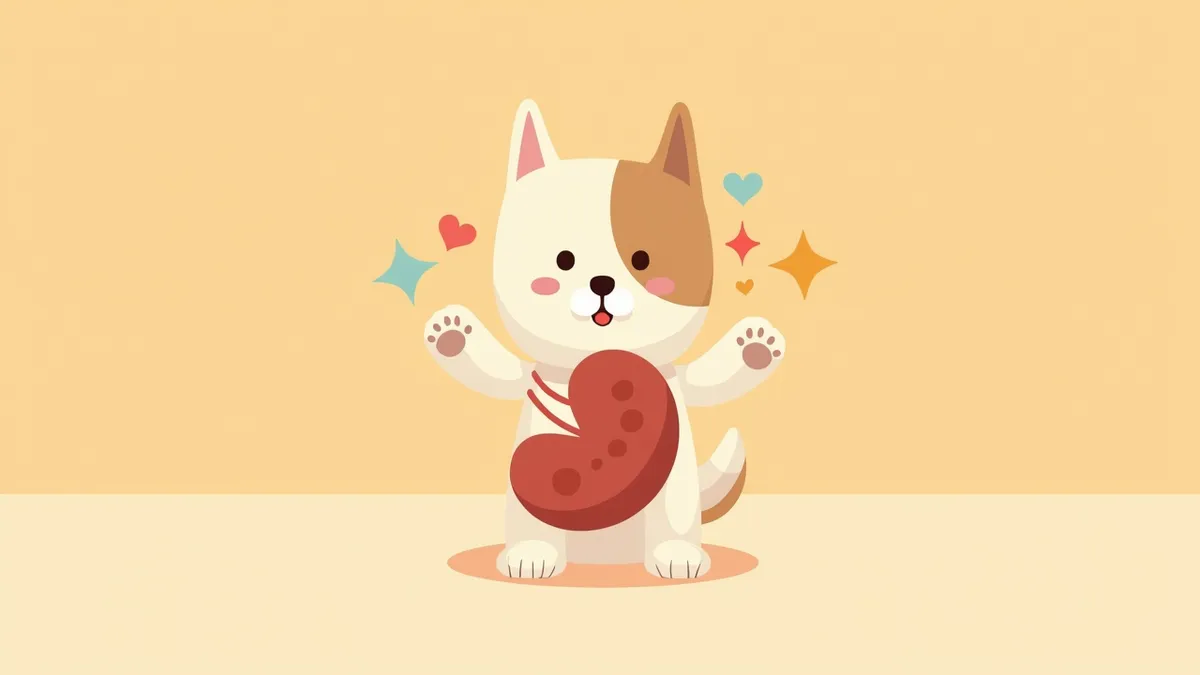강아지 신장 주변에 빨간 경고 표시가 있는 의학적 일러스트