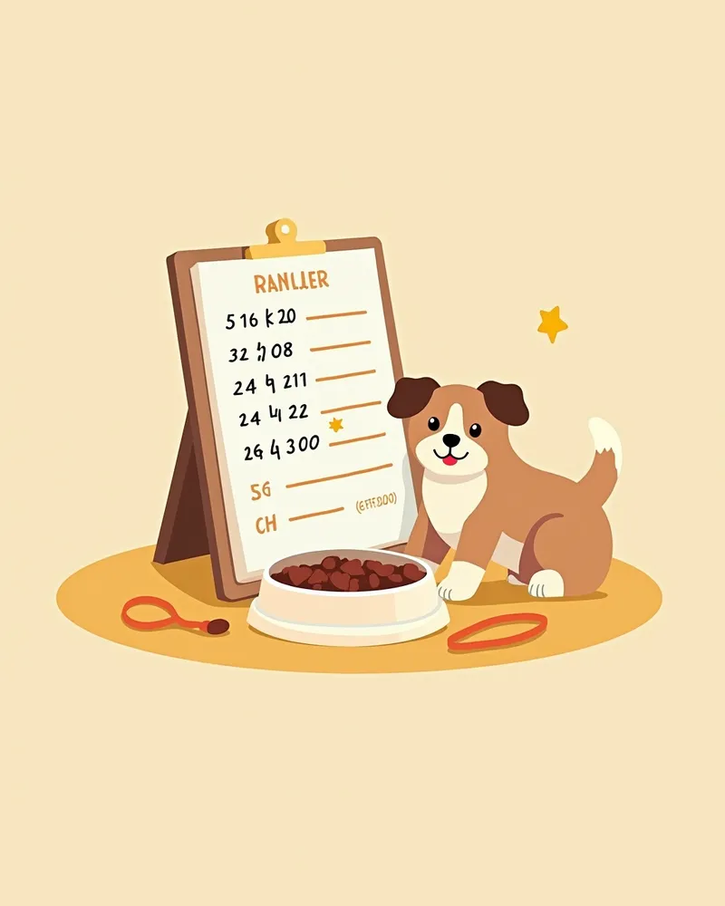 심장 마커 검사 결과와 날짜를 기록한 노트, 강아지 사료와 리드줄 옆에 놓여 있음