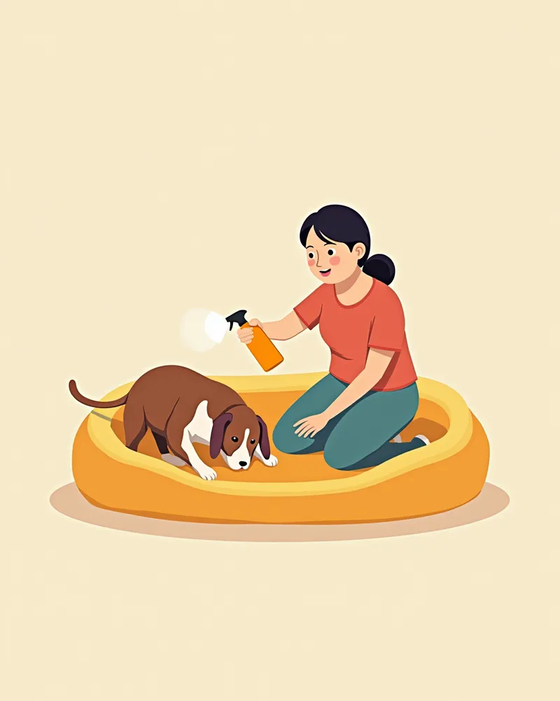 강아지 침대를 청소하는 주인의 모습