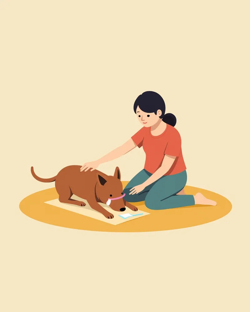 보호자가 강아지의 복막 투석 카테터 부위를 살균 솔루션으로 닦는 모습
