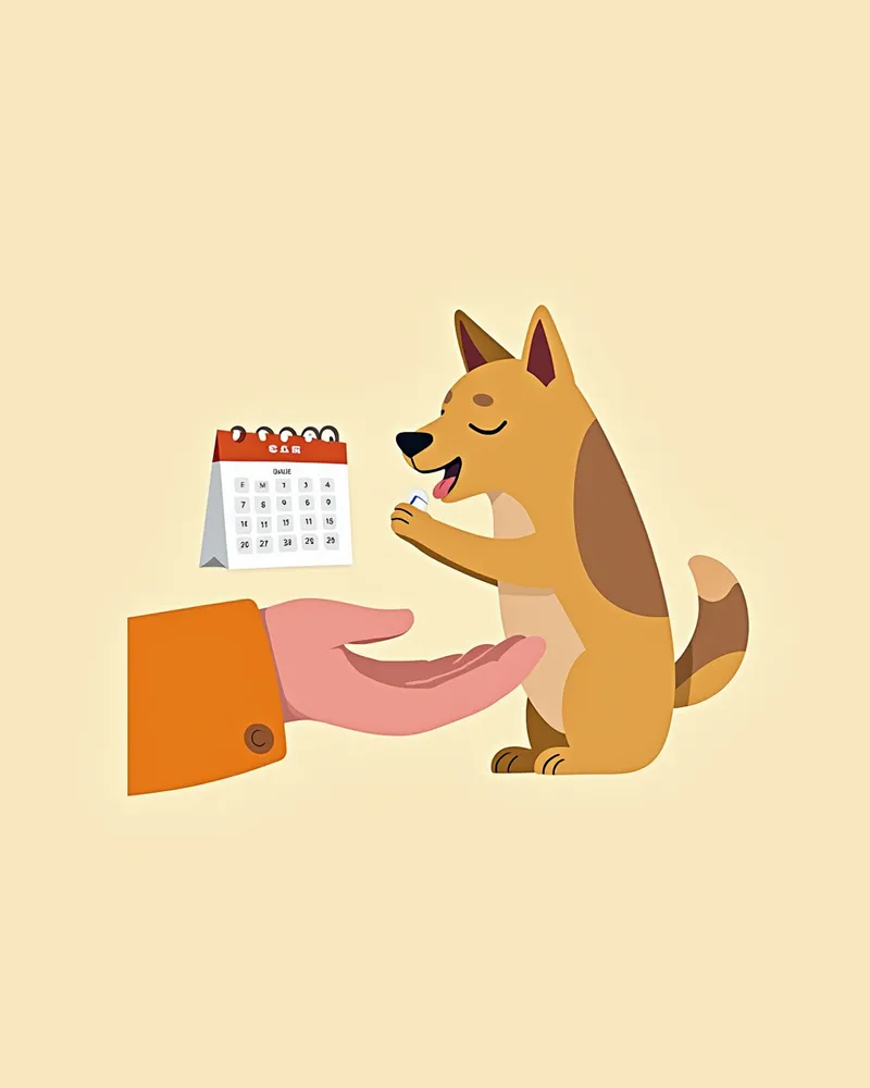 강아지가 손에서 타블렛을 먹는 이미지, 달력이 보이는 모습