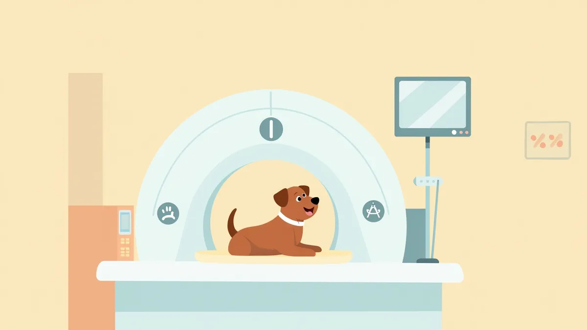 수의사가 감시하는 MRI 검사실에서 강아지가 검사를 받는 모습