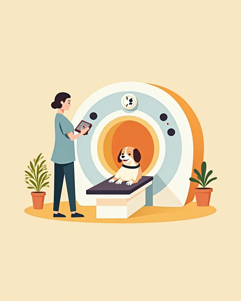 전문 종양 병원의 3T MRI 장비에서 강아지가 검사를 받는 모습