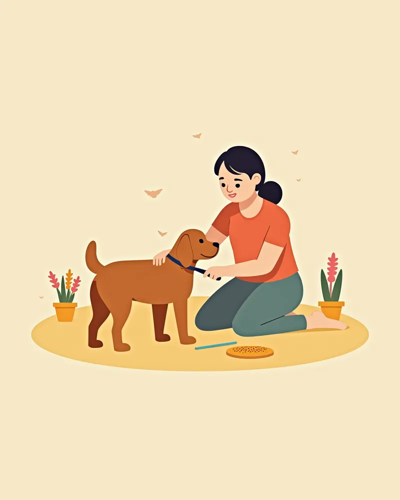 강아지의 털을 빗으며 기생충 유무를 점검하는 주인의 모습