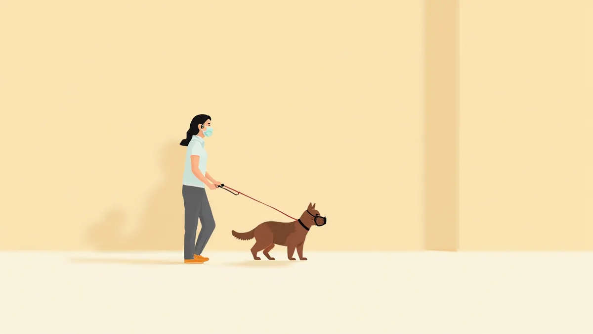 목줄을 착용한 반려견과 보호자가 안전하게 산책하는 모습