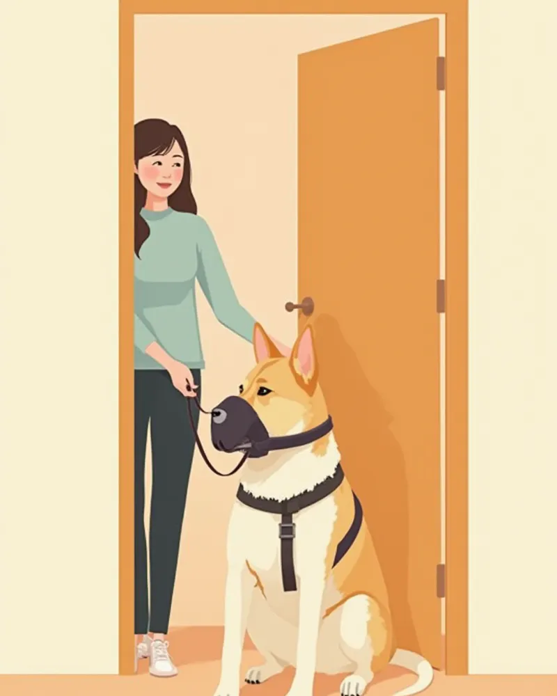 반려견에게 목줄과 입마개를 채워 산책 준비를 하는 보호자