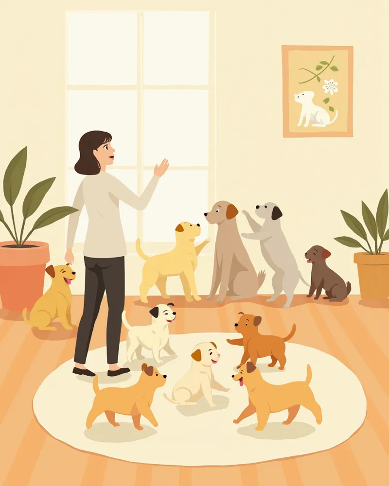 퍼피 클래스에서 함께 놀고 있는 강아지들