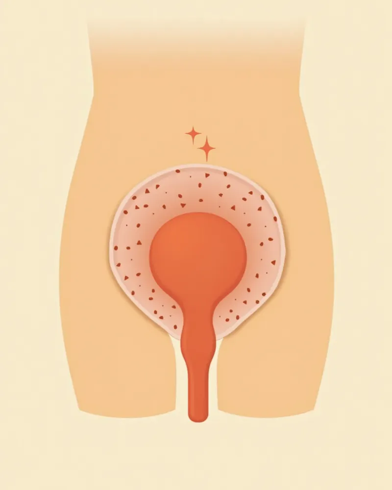 만성 요로 감염이 방광 벽을 약화시켜 게실을 유발하는 과정을 보여주는 그림