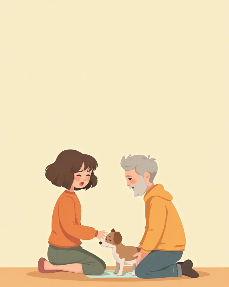 보호자가 배뇨 이상을 보이는 강아지를 살피는 모습