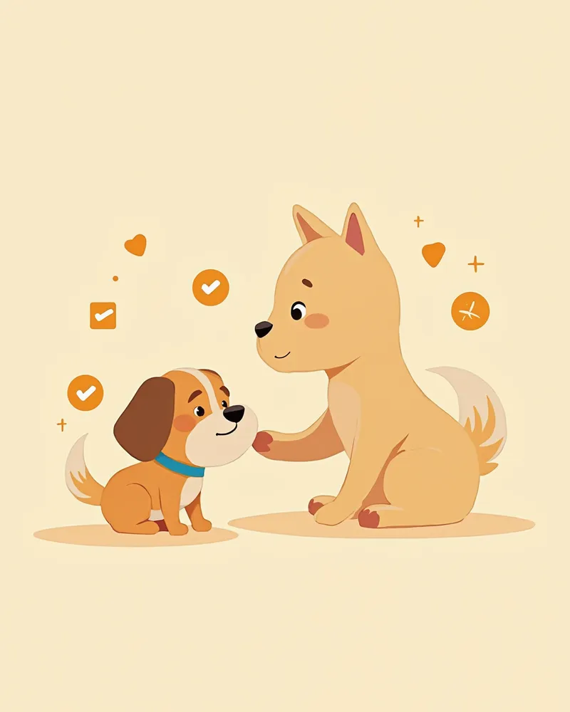 증상을 확인하는 보호자와 강아지 일러스트