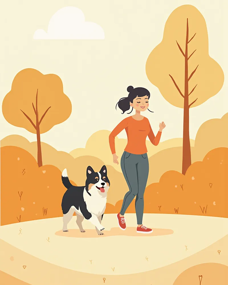 보호자와 함께 공원에서 산책하며 운동하는 강아지