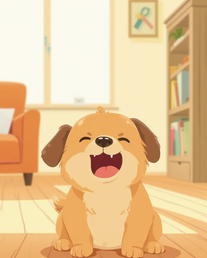 거실 바닥에서 크게 하품하는 갈색 강아지