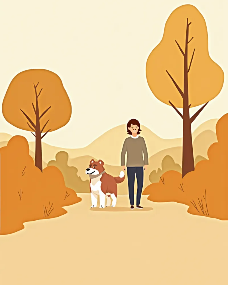 균형 잡힌 자세로 보호자와 산책하는 건강한 강아지