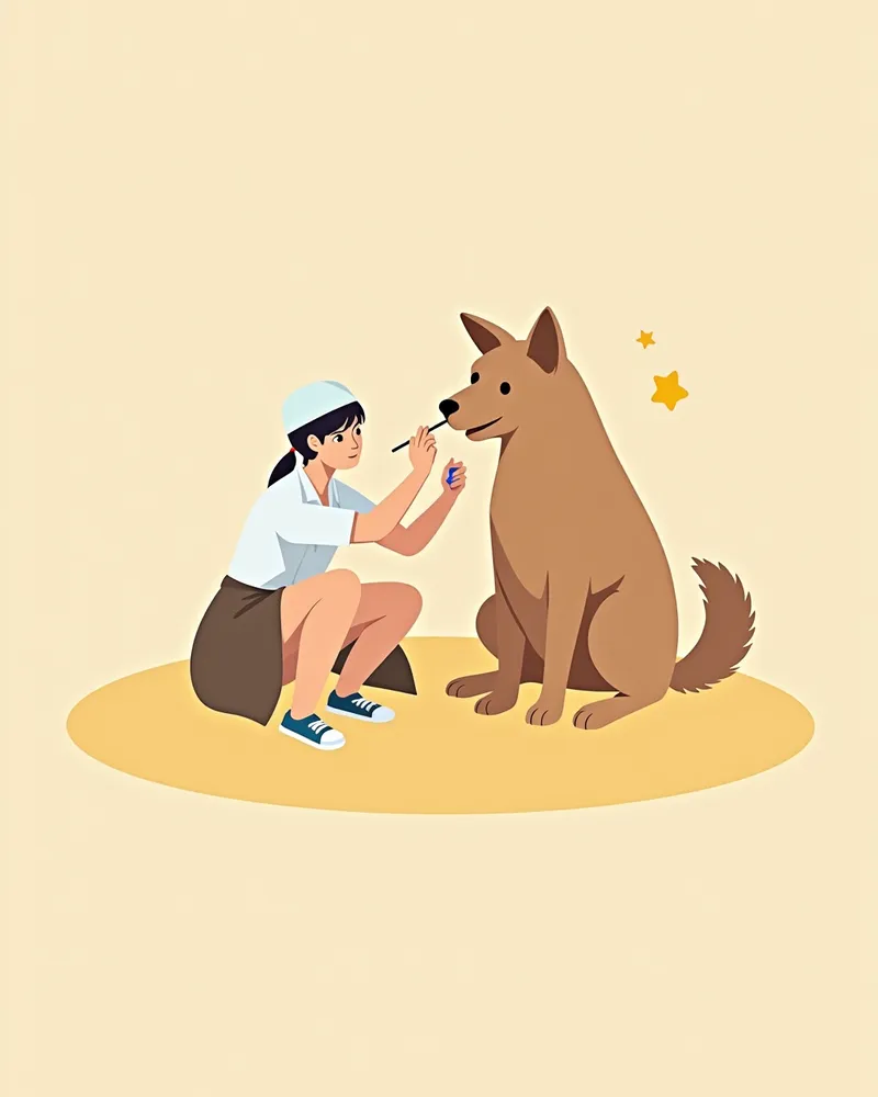 수의사가 강아지의 코에서 검체를 채취하는 모습