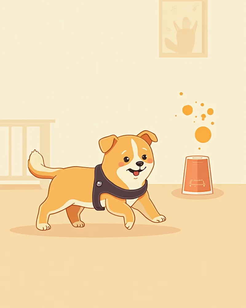 하네스를 착용하고 쾌적한 실내에서 지내는 강아지 일러스트