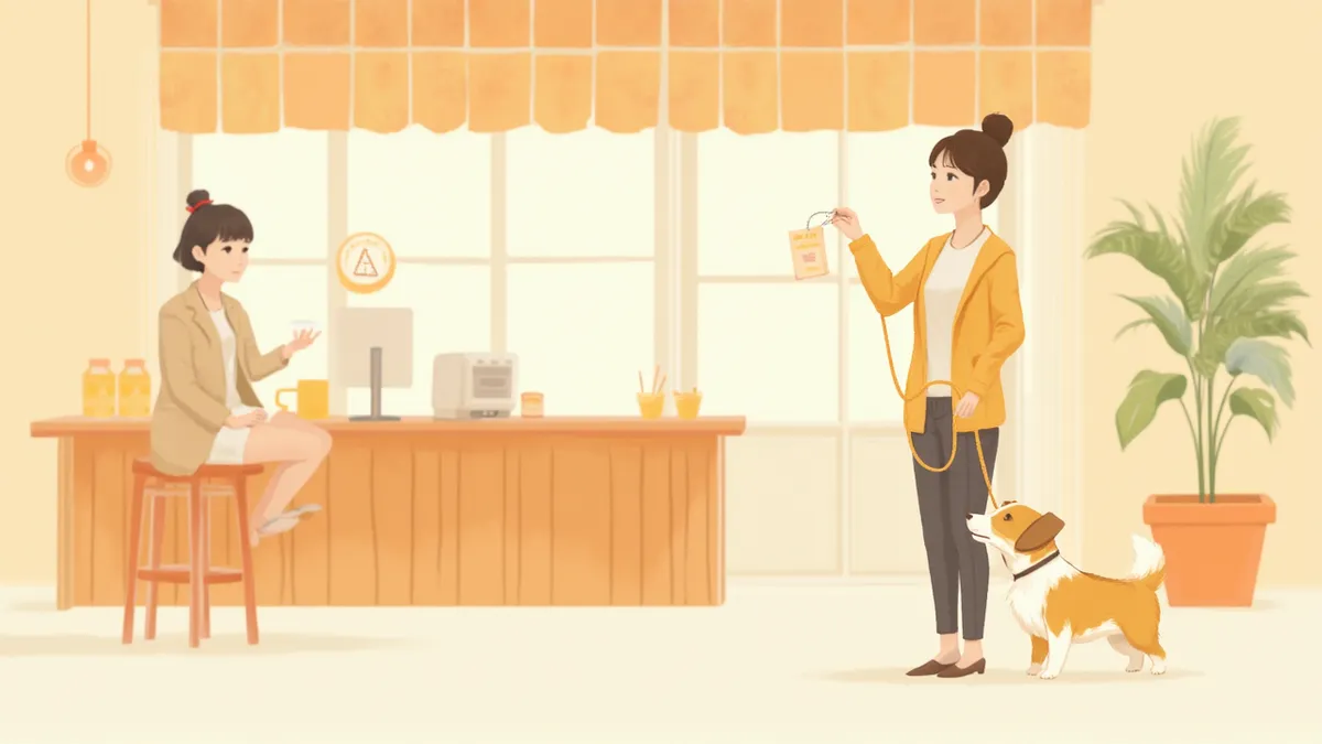 애견 카페 입구에서 접종 증명서를 확인하는 보호자와 강아지