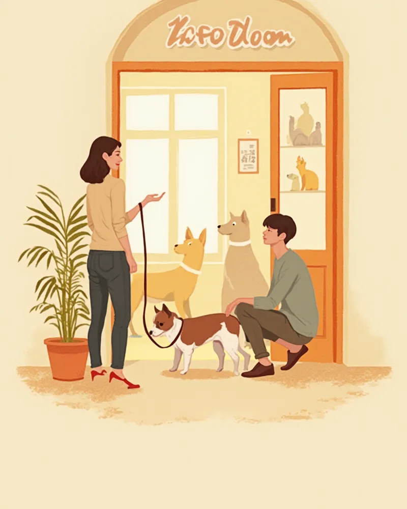 입장 직후 리드줄을 유지한 채 주변 냄새를 맡는 강아지