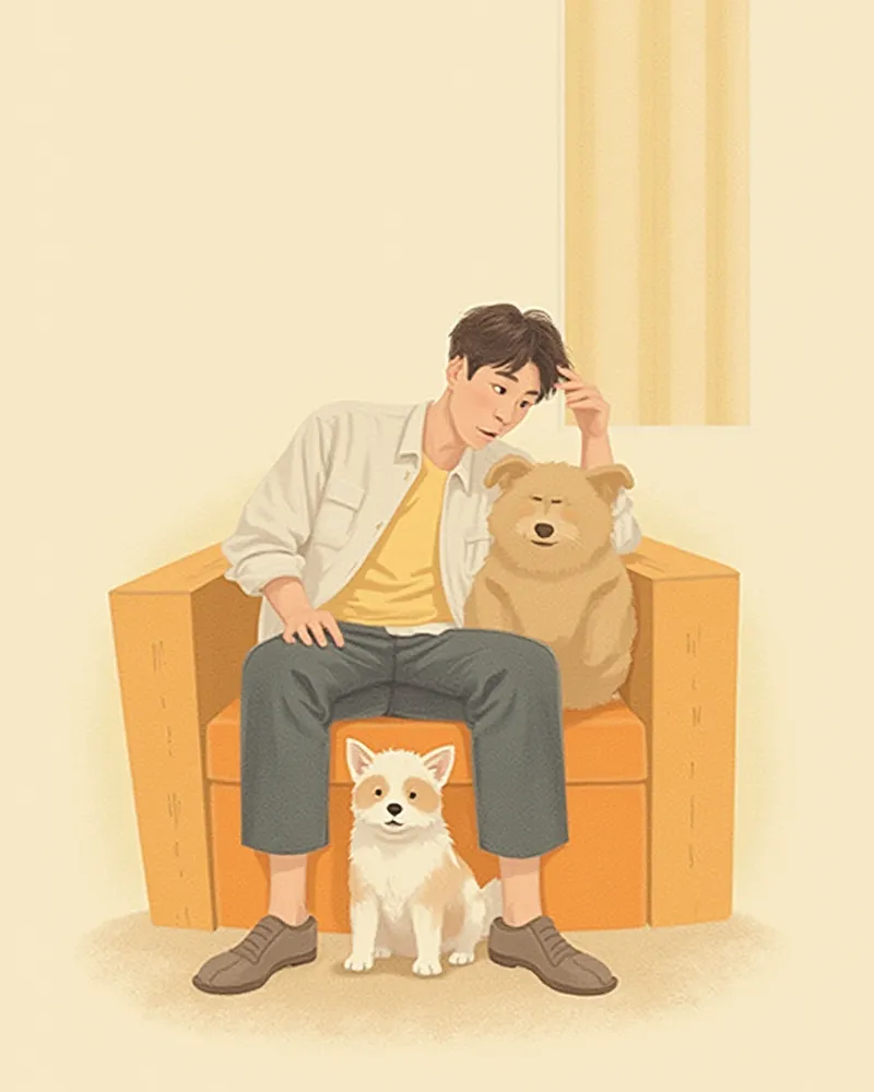 보호자 다리 뒤에 숨어 안정을 찾는 소심한 강아지